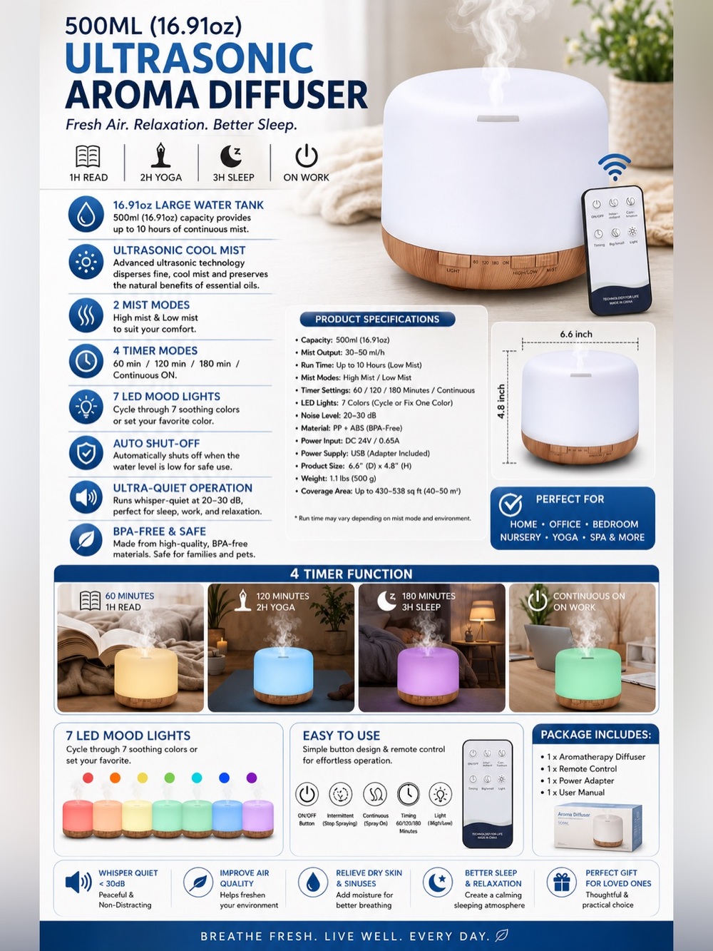 Ultrasonic Aroma Diffuser - White and Wood